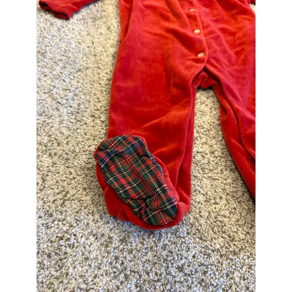Ralph Lauren Footie Pajamas Velvet 9M Red Plaid Trim Holiday One Piece Romper